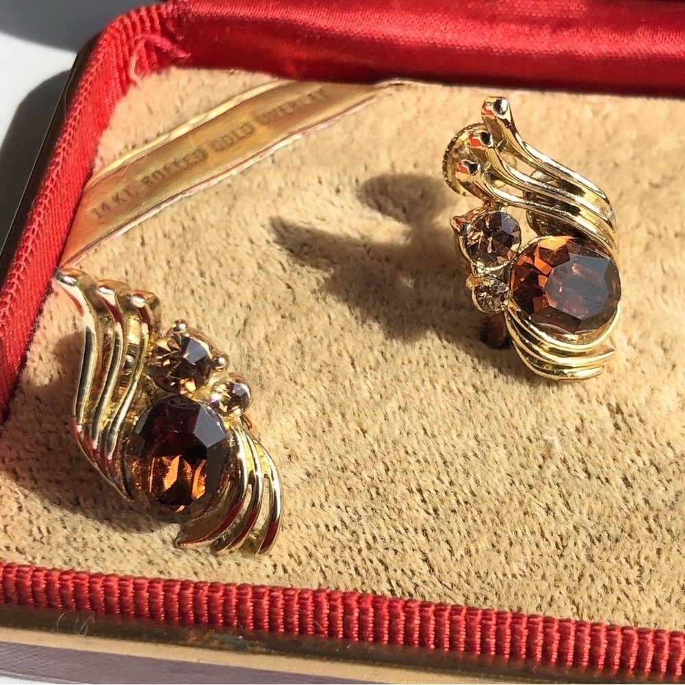 Vintage Lisner Signed 1950's Amber Crystal Clip Earrings